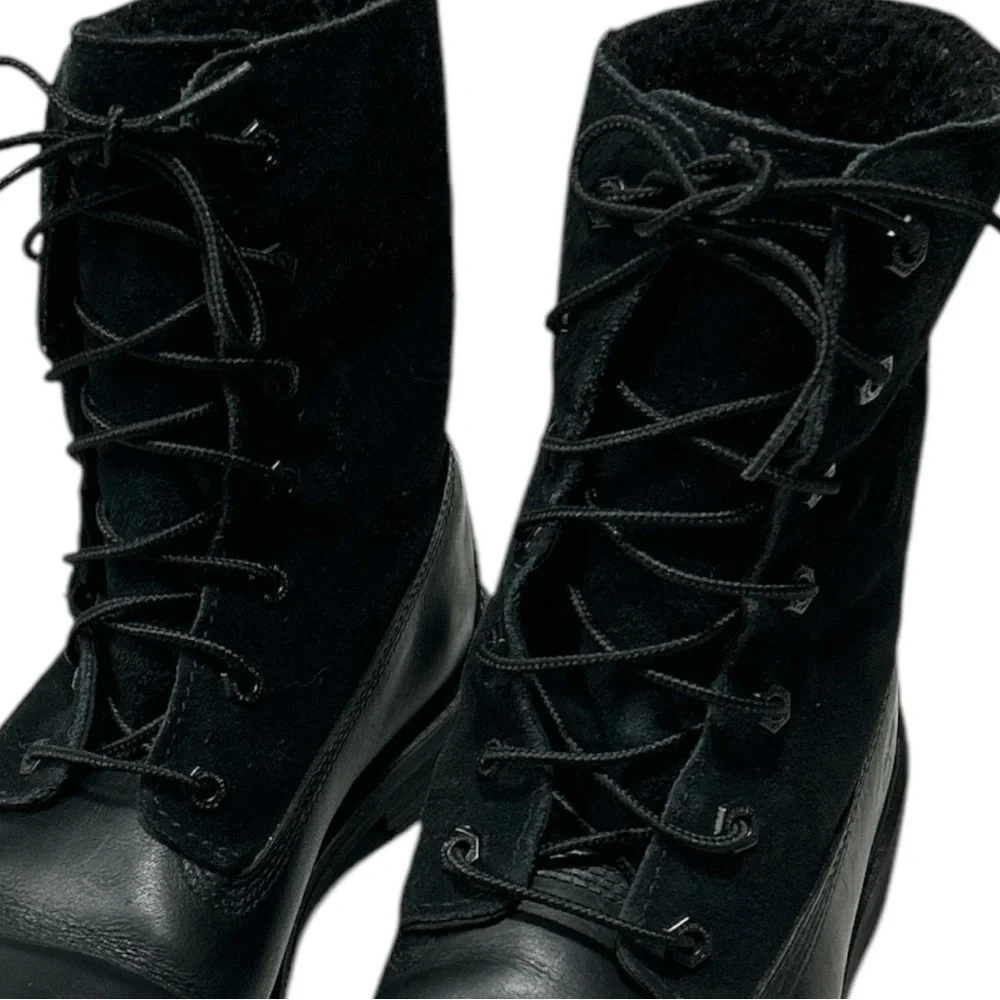 Timberland Black Leather Teddy Fleece Waterproof Fold Down Boots Lace Up Sz 9 - Picture 6 of 16